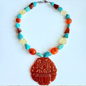 BIG Red Jade Turquoise Carnelian Quartz Hand Carved Sterling Silver 925 Necklace